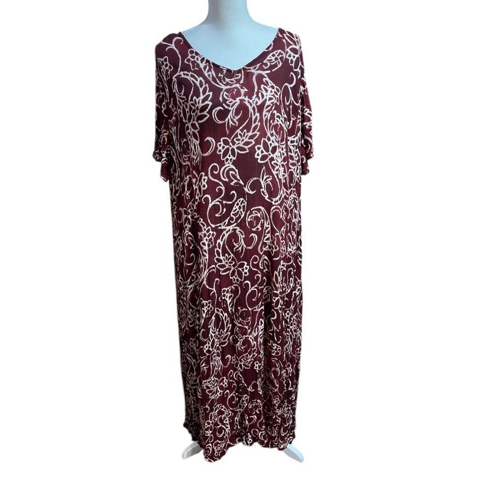 Woman Within Womens Maxi Dress Floral Maroon White Crinkle 1X Flowy Office Vacay